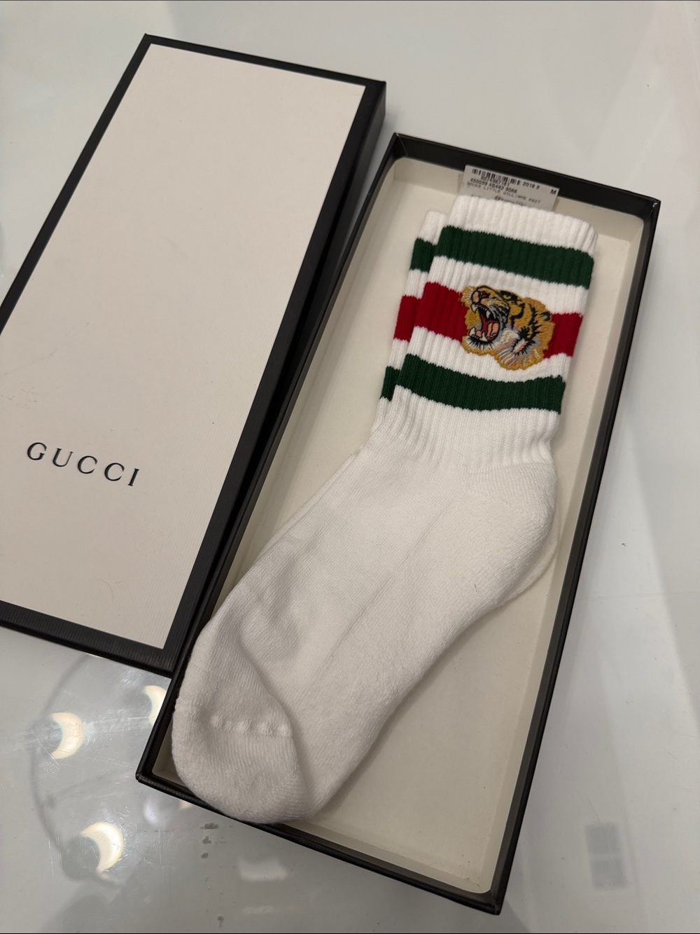Gucci Men's White Tiger Stripe Cotton Crew Socks